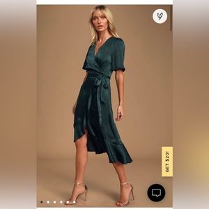 Wrapped Up In Love Dark Green Satin Faux-Wrap Midi Dress